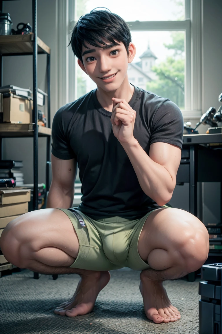 Tadashi Hamada smiles, clothesless, underwear, stocky, squatting with a robot in a lab.