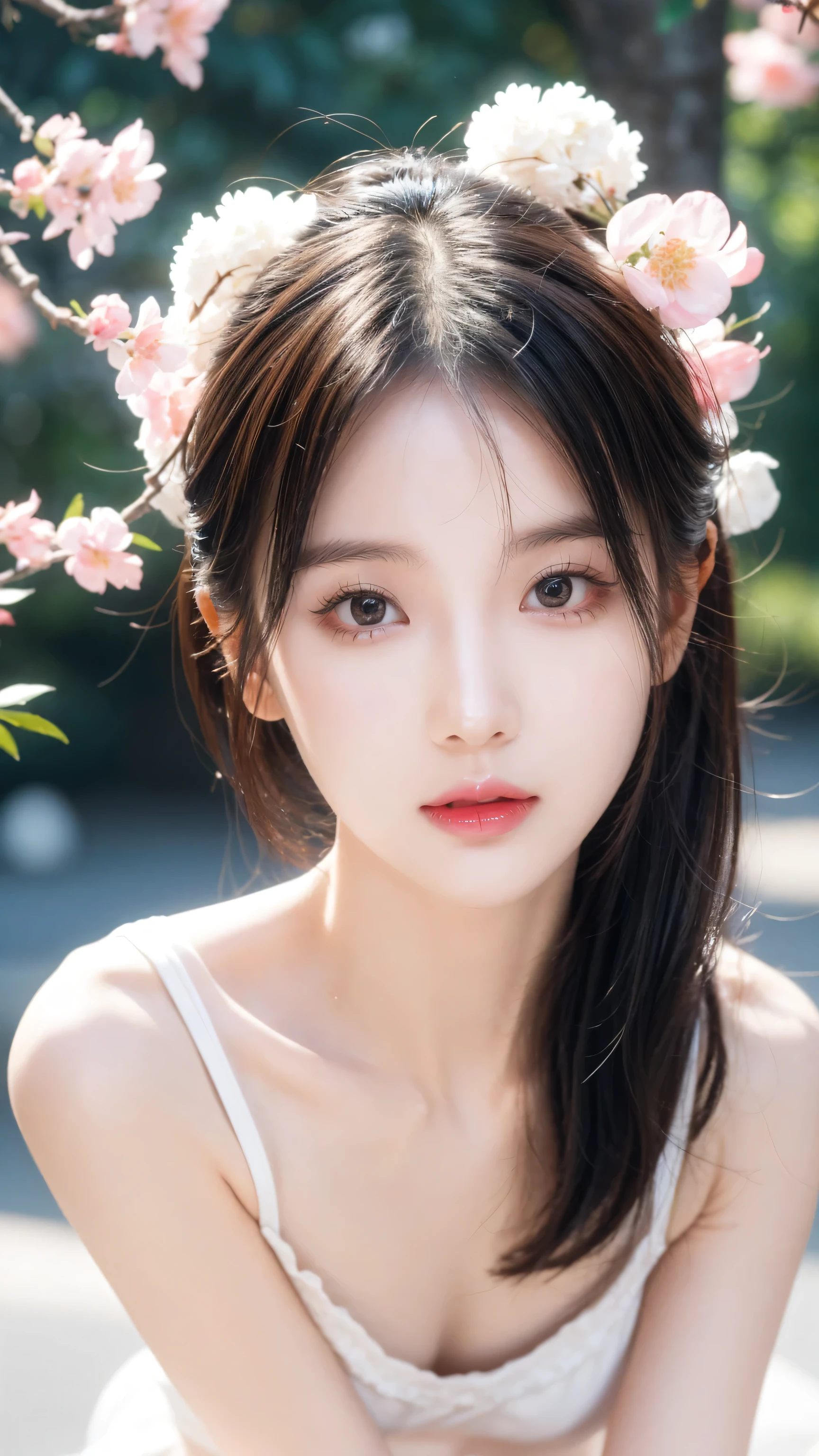 Gentle and lovely Chinese beauty, Exquisite and sexy clavicle, Charming goose egg face, Double eyelids, Bright peach blossom eyes, Pink lips, Small upturned nose, Bare shoulders, focused face, Close-up of face, Ultra HD, Super Detail, Full body image, Ultra-thin and light-transmissive, optimal ratio: four fingers and one thumb, JK mini skirt