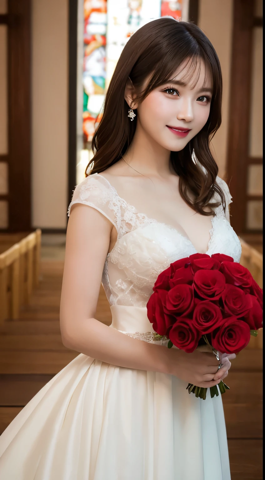 Tabletop, highest quality, shape, Very detailed, In detail, High resolution, 8k wallpaper, Perfect dynamic composition, Beautiful details, Red Wedding Dress,Medium Hair, Center of chest, Natural color lip, Random sexy poses,smile,Chapel,Bouquet of red roses,