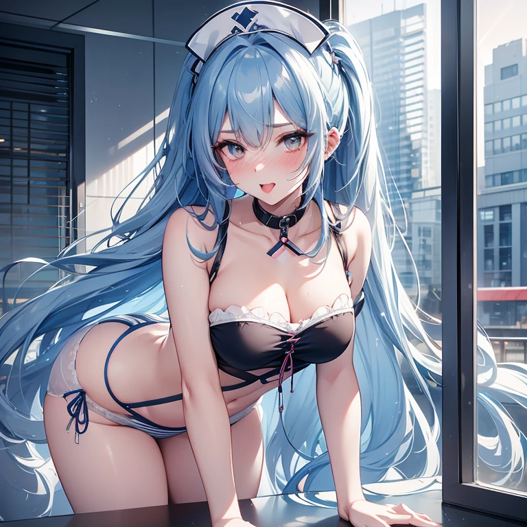 photo, long hair, blue hair, wearing mesh, wearing ankle lace-up, wearing collar, nurse, naughty face, tongue, open mouth, nose blush, light blush, bathing, smelling, fingersmile, hand on own chest, leaning forward, eye contact, bent over, Bare arms, adult lady like woman, highly detailed, highres bare legs,striped