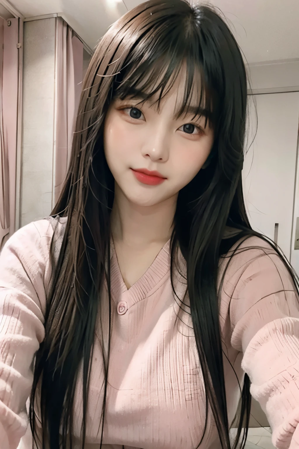 Korean Beauty、With bangs、Pink casual outfit、