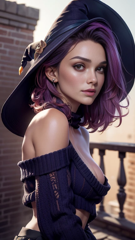 photo of celebrity, RAW, beautiful woman, ((portrait)), ((detailed face, colorful rainbow hair:1.2)), ((detailed facial feature, detailed skin, clear skin, parted lips), (perfect proportioned body, medium breasts, side boob), (wearing a cropped off shoulder sweater, sweater falling down off shoulders, a long skirt, and witch hat, NSFW: 1.5)), (high detailed Manor rooftop: 1.3), (side profile, realistic photo, best quality, detailed), (8k wallpaper), (cinematic lighting, dramatic lighting) (sharp focus, intricate)