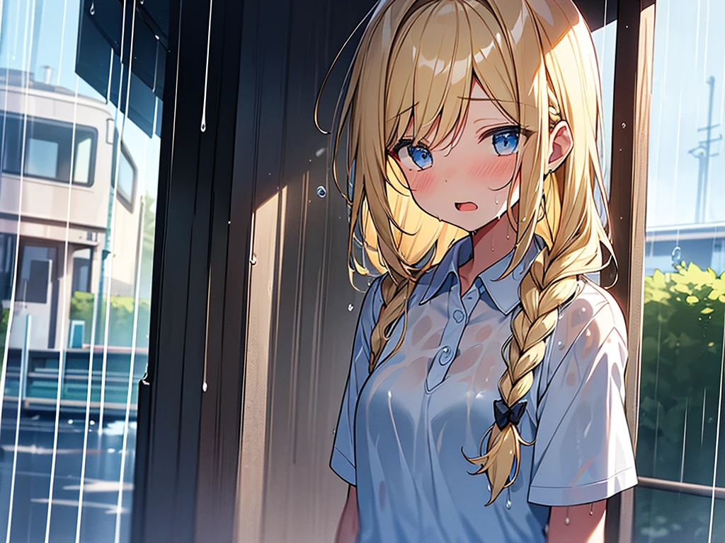 Top quality, (1 beautiful girl), , Blonde, Braided hair, Medium Hair, wet Hair, standard weight, polo shirt, (wet), worried with an open mouth, standing, rainy, beautiful scene of small bus stop, water drops, (extreme long shot):1.2
