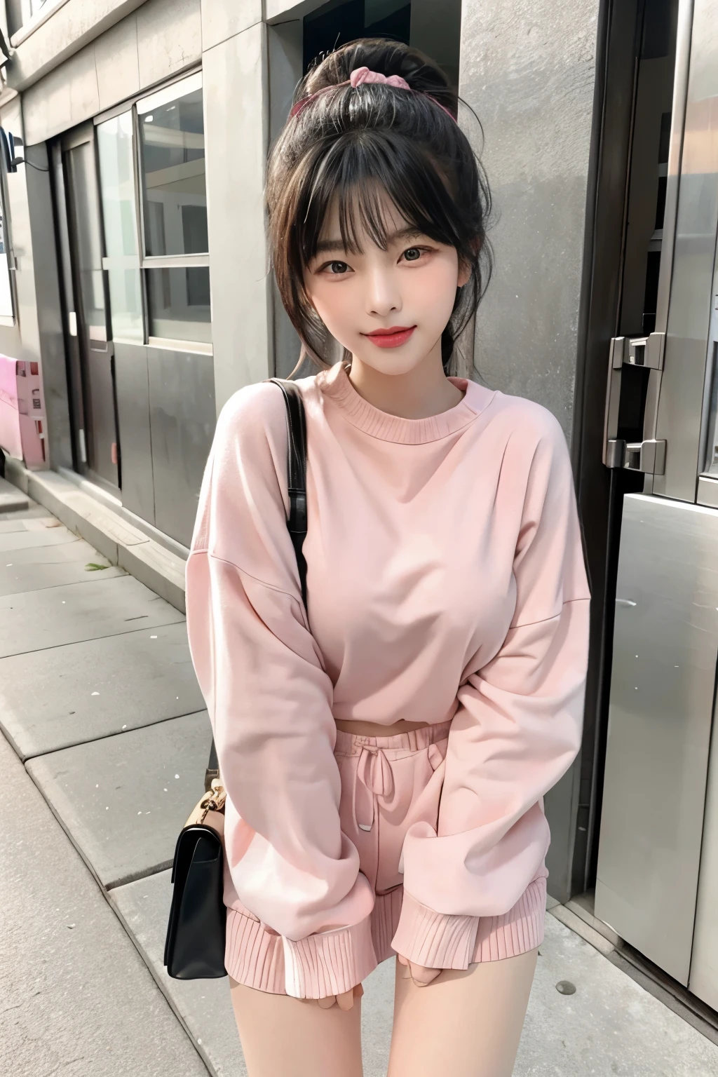Korean Beauty、With bangs、Pink casual outfit、
 