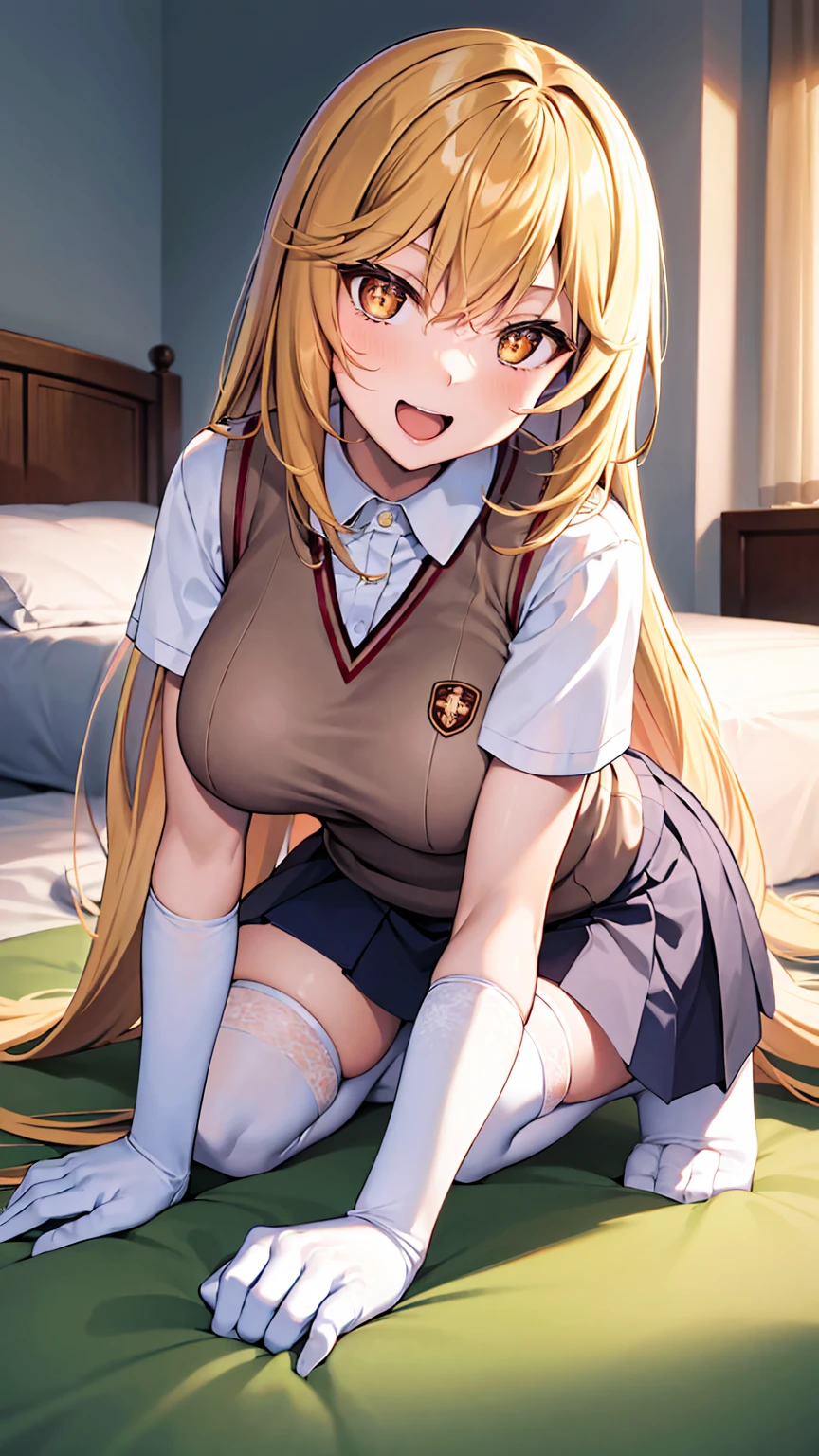 masterpiece, best quality, highres, hmmisaki, long hair, symbol-shaped pupils, +_+, large breasts, tokiwadai , sweater vest, short sleeves, white gloves, elbow gloves, pleated skirt, white thighhighs, smile, open mouth, leaning forward, indoors　　On the bed　　On all fours+++
