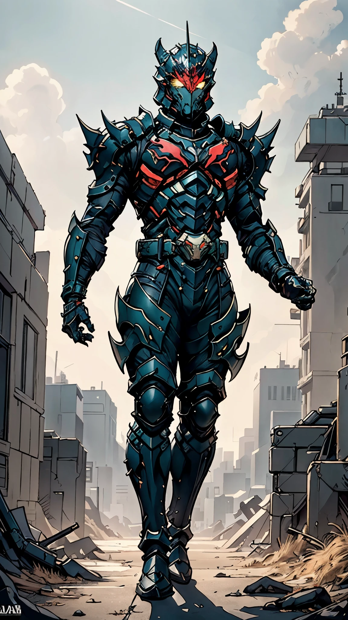 A man wearing a full-face helmet, a fantasy-style biomecha armored combat suit, green eyes, a composite layered chest armor, fully enclosed shoulder guards, matching arm and leg guards, the belt is adorned with dragon claw grasping orbs, (primarily black with red accents), the design balances heavy with agility, a high-tech biological armor, (Wolf concept Armor, stand on the top of a skyscraper in a futuristic sci-fi city), this character embodies a finely crafted fantasy-surreal style armored hero in anime style, exquisite and mature manga art style, (element, plasma, energy, the armor glows), ((male:1.5)), metallic, real texture material, dramatic, high definition, best quality, highres, ultra-detailed, ultra-fine painting, extremely delicate, professional, perfect body proportions, golden ratio, anatomically correct, symmetrical face, extremely detailed eyes and face, high quality eyes, creativity, RAW photo, UHD, 32k, Natural light, cinematic lighting, masterpiece-anatomy-perfect, masterpiece:1.5