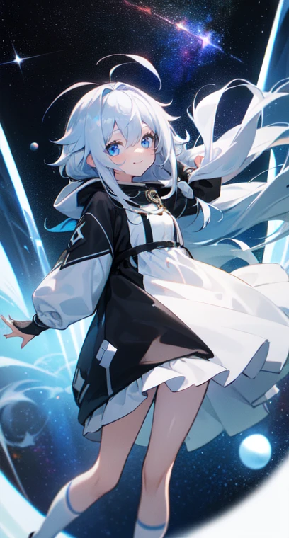  (Shiny skin), black hoodie, White Skirt, Straight hair, Princess Hairstyles, Ahoge ,White long knee socks,smile,(highest quality, masterpiece), 1 girl, Long Hair, Gray Hair, Starry Sky, Long Hair, (Clear bright blue eyes), Ahoge, idiot girl, Black and white dresses, (space)), low length, Soft Light,