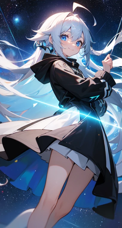(Shiny skin), black hoodie, White Skirt, Straight hair, Princess Hairstyles, Ahoge ,White long knee socks,smile,(highest quality, masterpiece), 1 girl, Long Hair, Gray Hair, Starry Sky, Long Hair, (Clear bright blue eyes), Ahoge, idiot girl, Black and white dresses, (space)), low length, Soft Light,