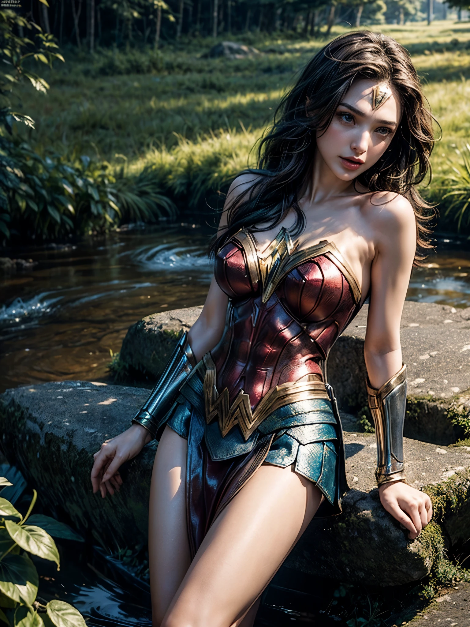 Gal Gadot, She breast size is M cup, full body, she very sexy, she have perfect body, she so beautifully,She have good eyes,She is full of charm, her poses are beautiful, close up,(((Woder Woman outfit))), Wonder Woman
from DC Comics,8k,correct face,beautiful face,A beautiful sight,sparkling eyes,((Half body photograph)), ((close up)) (portrait)) bust,In the middle of nature,The sun shines,green field,mountain,forest,stream