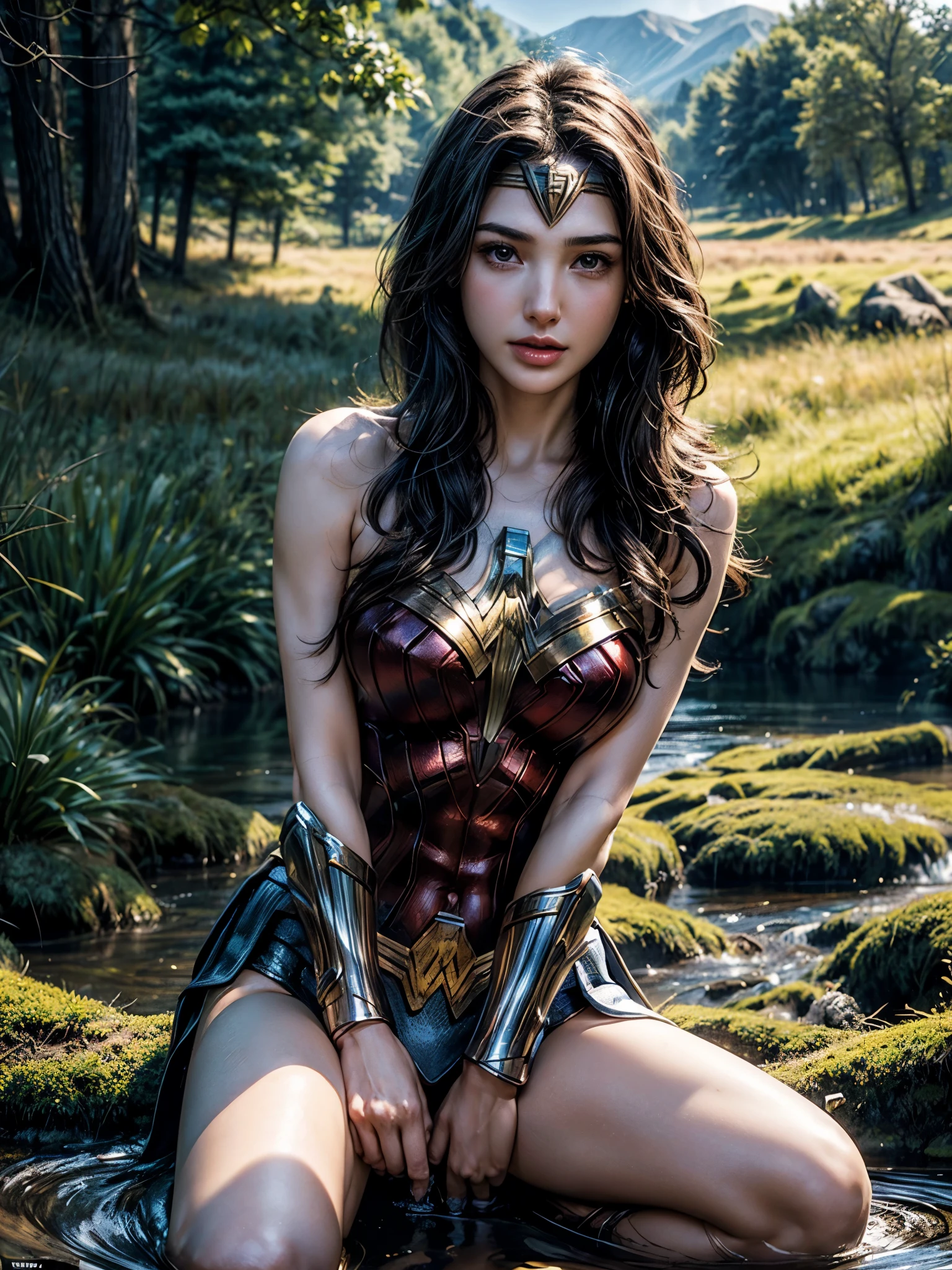 Gal Gadot, She breast size is M cup, full body, she very sexy, she have perfect body, she so beautifully,She have good eyes,She is full of charm, her poses are beautiful, close up,(((Woder Woman outfit))), Wonder Woman 
from DC Comics,8k,correct face,beautiful face,A beautiful sight,sparkling eyes,((Half body photograph)), ((close up)) (portrait)) bust,In the middle of nature,The sun shines,green field,mountain,forest,stream