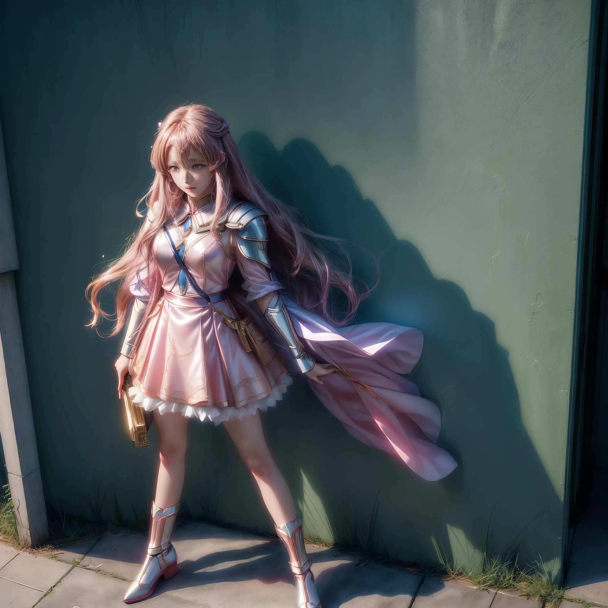 There is a young girl standing against a wall with a mobile phone, 4K], 4k yen ], Anaglyph Effect Ayami Kojima, anime. Soft lighting, anime movie frame, anime style. 8k, anime style mixed with fujifilm, [ 4k yen digital art ]!!, masami kurumada, anime movie screenshot, Also, anime film still