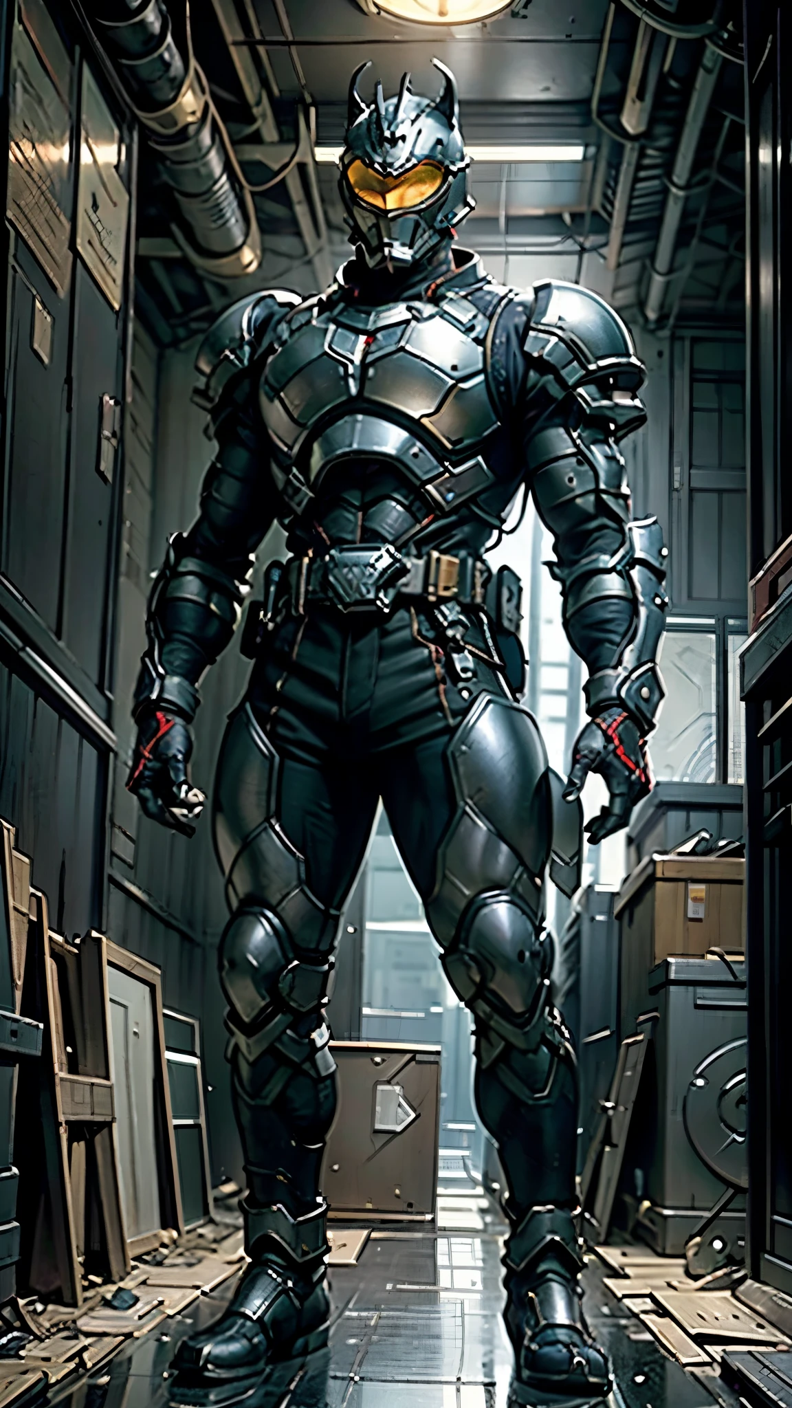 A man wearing a full-face helmet, a fantasy-style biomecha armored combat suit, green eyes, a composite layered chest armor, fully enclosed shoulder guards, matching arm and leg guards, the belt is adorned with dragon claw grasping orbs, (primarily black with red accents), the design balances heavy with agility, a high-tech biological armor, (Wolf concept Armor, stand on the top of a skyscraper in a futuristic sci-fi city), this character embodies a finely crafted fantasy-surreal style armored hero in anime style, exquisite and mature manga art style, (element, plasma, energy, the armor glows), ((male:1.5)), metallic, real texture material, dramatic, high definition, best quality, highres, ultra-detailed, ultra-fine painting, extremely delicate, professional, perfect body proportions, golden ratio, anatomically correct, symmetrical face, extremely detailed eyes and face, high quality eyes, creativity, RAW photo, UHD, 32k, Natural light, cinematic lighting, masterpiece-anatomy-perfect, masterpiece:1.5