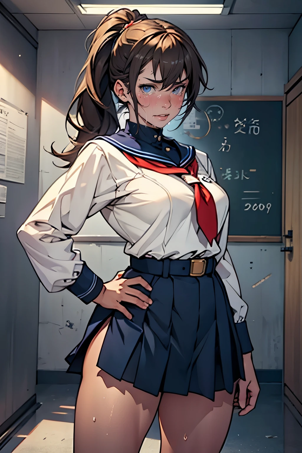 (Highly detailed CG Unity 8k wallpaper), (Masterpiece), (Highest quality), (Super detailed), (Best illustration), (Best shadow), (Absurd), , Embarrassing, Sweat, Steam, Staring, a high school girl with a long pigtail hairstyle, brown hair, sailor suit, navy blue skirt, upturned eyes, glowing fluorescent lights, and a full-length portrait is seen standing in a high school classroom.