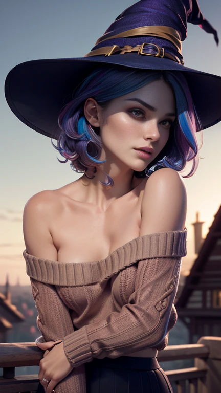 photo of celebrity, RAW, beautiful woman, ((portrait)), ((detailed face, colorful rainbow hair:1.2)), ((detailed facial feature, detailed skin, clear skin, parted lips), (perfect proportioned body, medium breasts, side boob), (wearing a cropped off shoulder sweater, sweater falling down off shoulders, a long skirt, and witch hat, NSFW: 1.5)), (high detailed Manor rooftop: 1.3), (side profile, realistic photo, best quality, detailed), (8k wallpaper), (cinematic lighting, dramatic lighting) (sharp focus, intricate)
