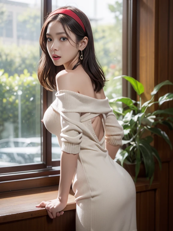 masutepiece, Best Quality, Illustration, Ultra-detailed, finely detail, hight resolution, 8K Wallpaper, Perfect dynamic composition, Beautiful detailed eyes,  Natural Lip, Red knitted dress , Big breasts, cleavage, Random sexy poses and back side