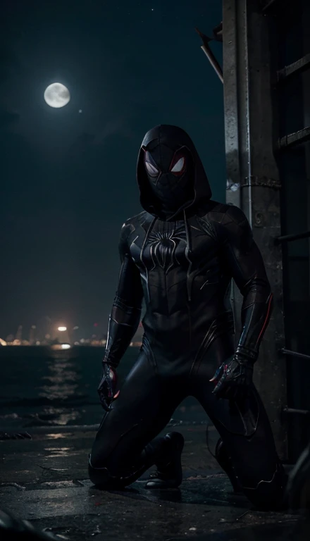 A 17 years old boy with chill & angry mood, coved body with black spiderman suit with venom, with venom fluid, with hoody, night, 4k, high quality, best hero, moon, dark, shine, bright, full body with suit, good looking,