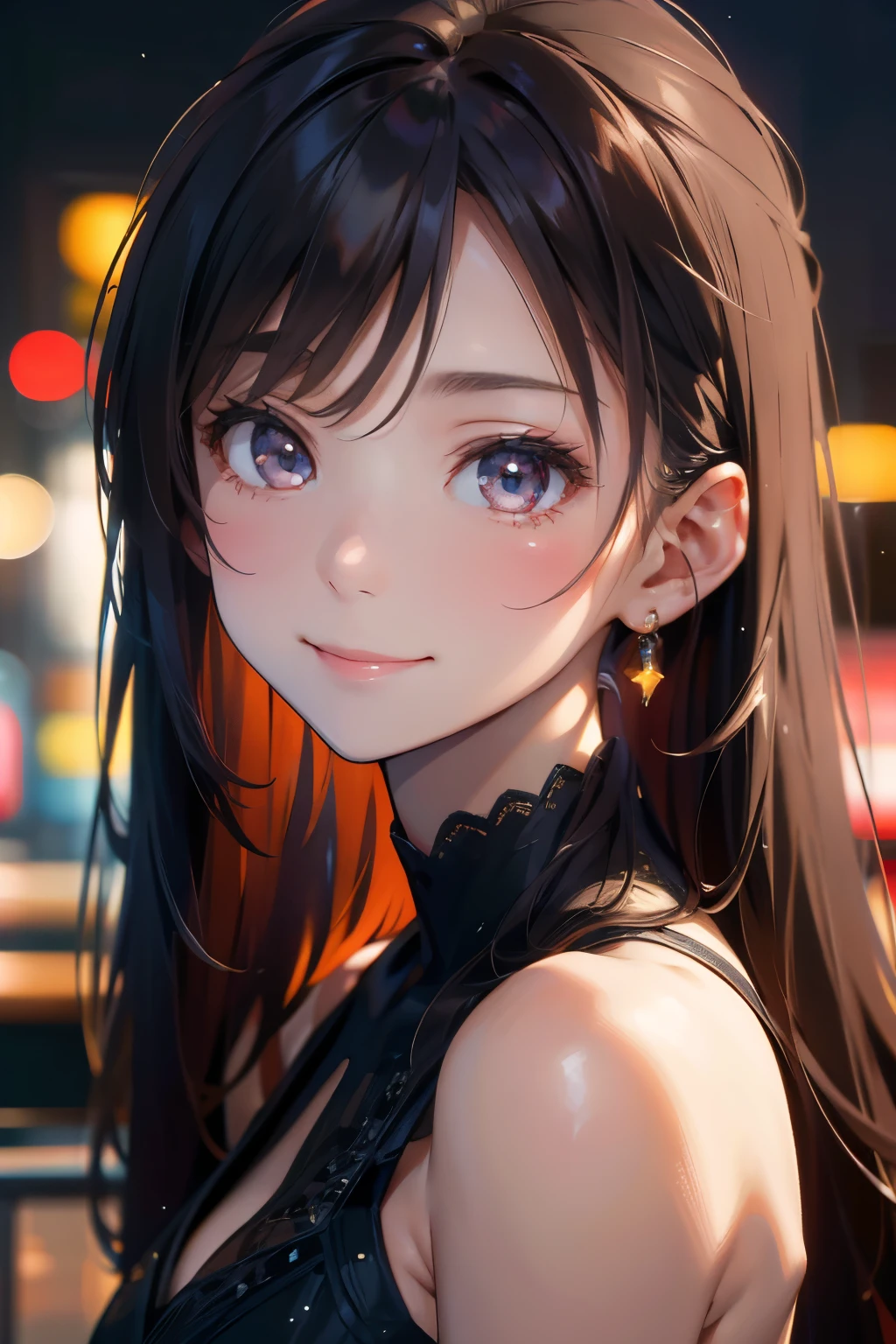 1 girl, Rin Harusaka, alone, Close-up shot，，cleavage，Off the shoulder dress，long hair, sweater, red sweater, looking at the audience,  black hair, blue eyes,  Bangs,  sweater, Upper body, parted Bangs, black ribbon, ribbed sweater, Double tail, Smile