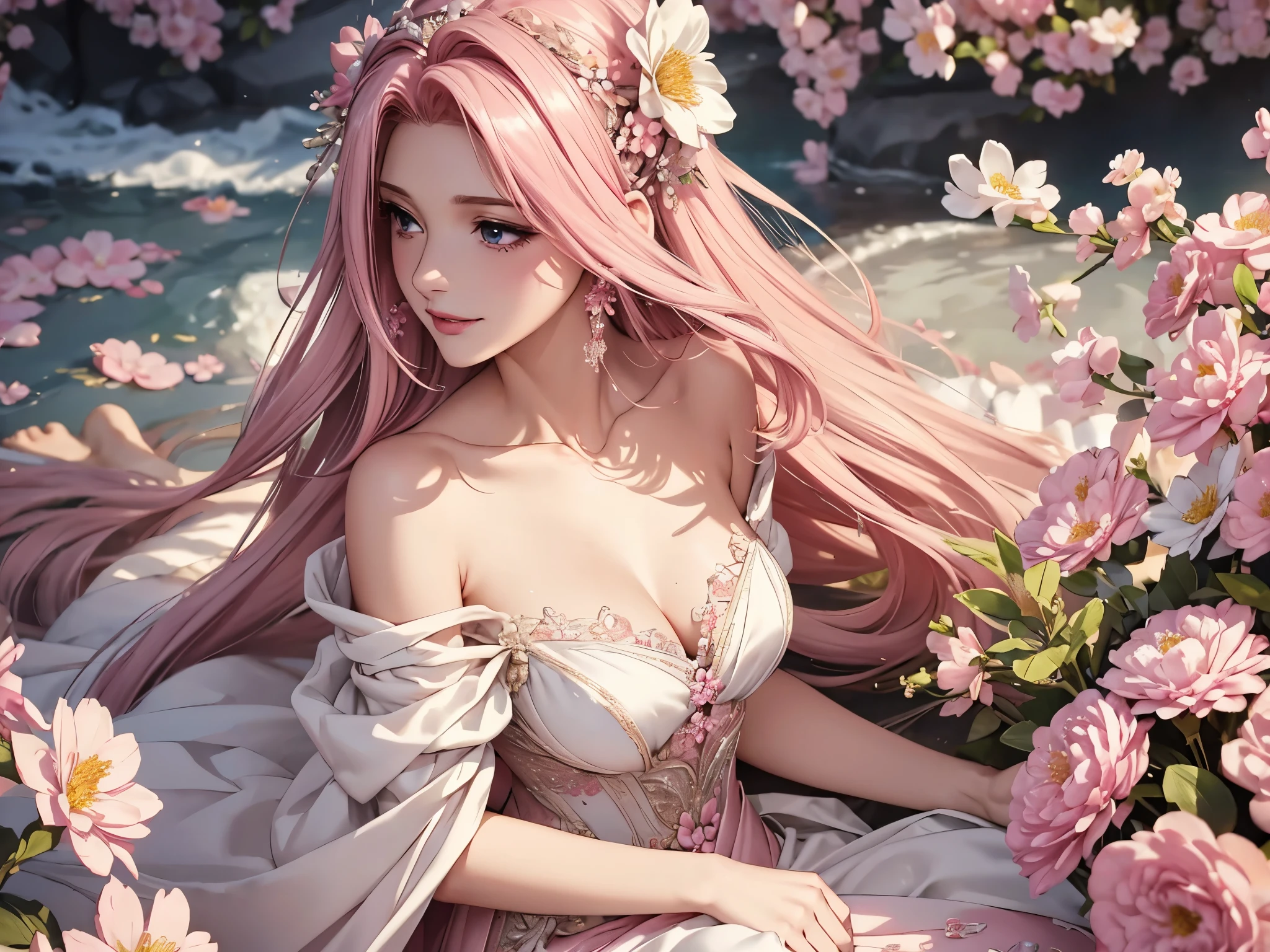 (best quality, 8K, masterpiece:1.2), Octane Render, pink fashion, elegant dress, pink long hair, beautiful woman, pretty eyes, gentle smile, flower hair ornament, surrounded by flowers