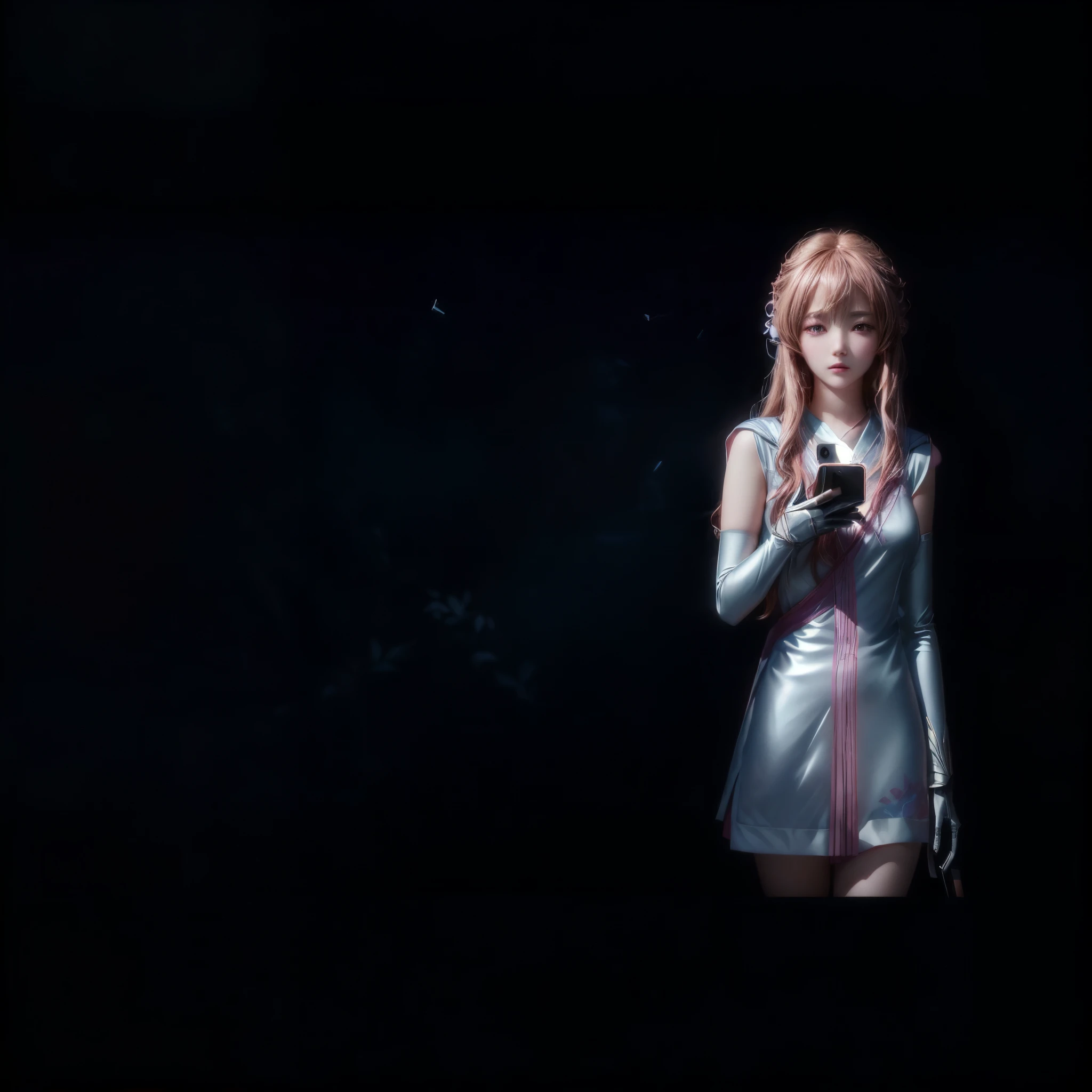 There is a young girl standing against a wall with a mobile phone, 4K], 4k yen ], Anaglyph Effect Ayami Kojima, anime. Soft lighting, anime movie frame, anime style. 8k, anime style mixed with fujifilm, [ 4k yen digital art ]!!, masami kurumada, anime movie screenshot, Also, anime film still