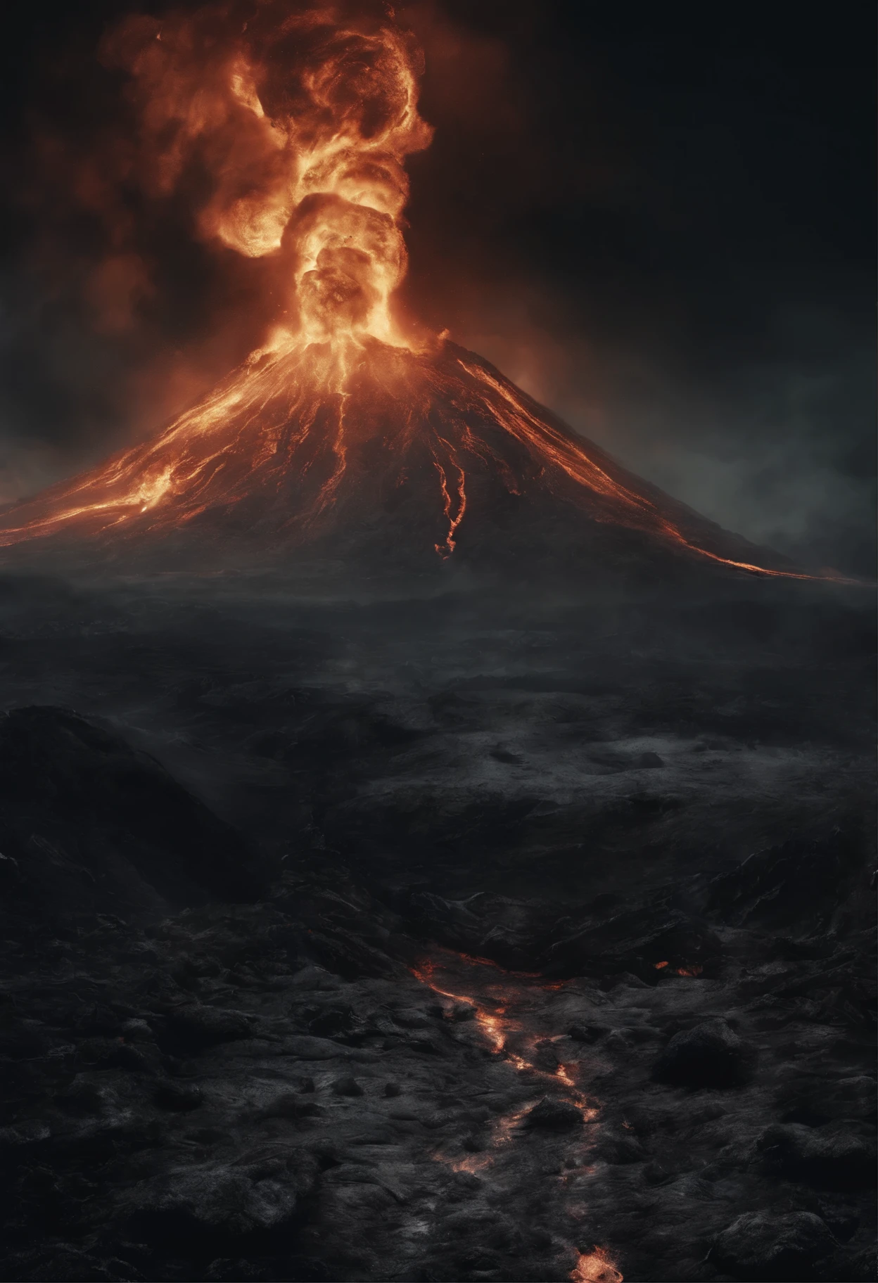 Volcanic eruption at night.