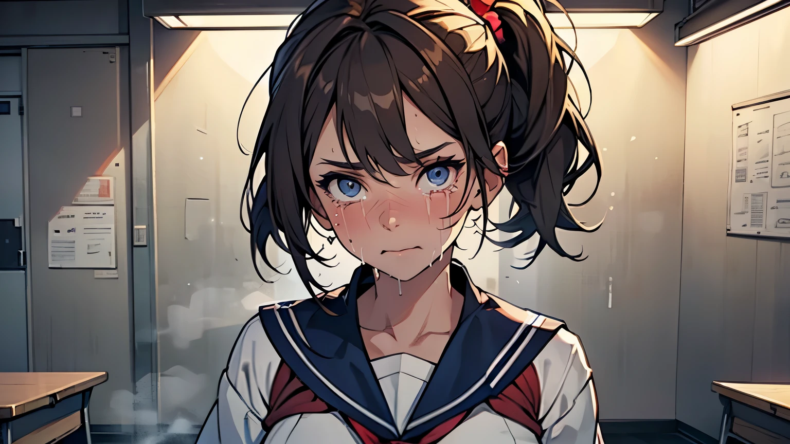 (Highly detailed CG Unity 8k wallpaper), (Masterpiece), (Highest quality), (Super detailed), (Best illustration), (Best shadow), (Absurd), 15 years old, Embarrassing, Sweat, Steam, Staring, a high school girl with a long pigtail hairstyle, brown hair, sailor suit, navy blue skirt, upturned eyes, glowing fluorescent lights, and a full-length portrait is seen standing in a high school classroom.