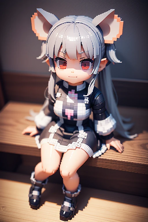 (voxels:1.1),(3d big pixel art:1.1),(3d pixel art),large pixels,solo,1female\(chibi,cute,kawaii,age of 5,small ???,gray hair,hair floating,twin tails hair,white skin,tunned skin,ripped clothes,gray printed dress,red eyes,big eyes,mouse ear,mouse tail,breast,smirk,sitting\),(3d pixel art),(3d pixel art),(3d pixel art),background\(simple,cute\),close up,