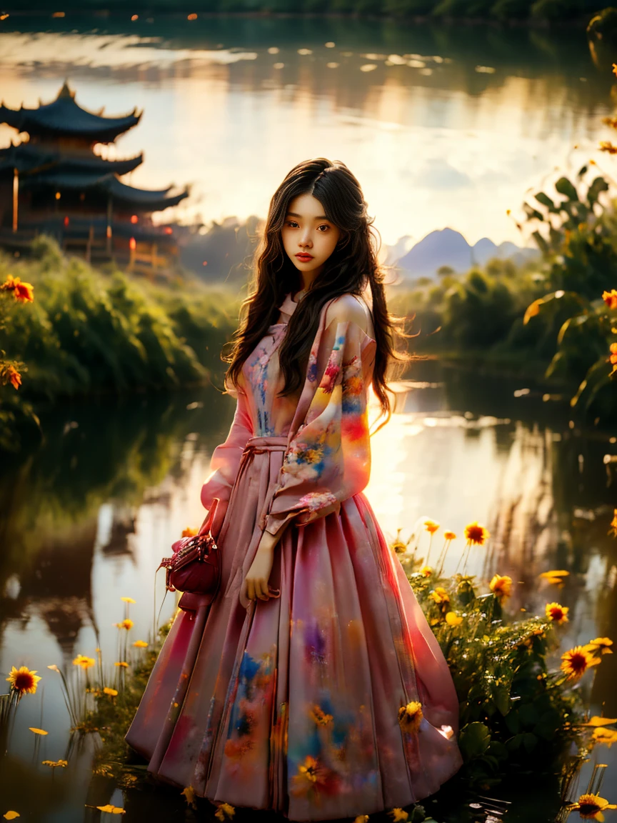 A beautiful，sweet，Watercolor painting of a kind Chinese country girl，Long black hair and warm brown skin，Wearing a simple red dress，Very beautiful eyes and face shape，Big watery eyes，Long eyelashes，Beautiful teeth，Slender legs，Perfect slender body，Standing in a sunflower field at sunset，Golden soft light，Beautiful village background，a river，A small bridge，Mountains in the distance，(Best picture quality，8k，high resolution，masterpiece:1.2)，Ultra Detailed，Ultra HD，Studio Lighting，Super Fine，Very detailed description，Main，Bright colors，Dutch Golden Age，Soft colors，Sunset lights，(Flowers Watercolor:1.5)，(Ultra high saturation，Bright colors鲜艳:1.5), (nsfw) ，(Looking at the audience:1.5)