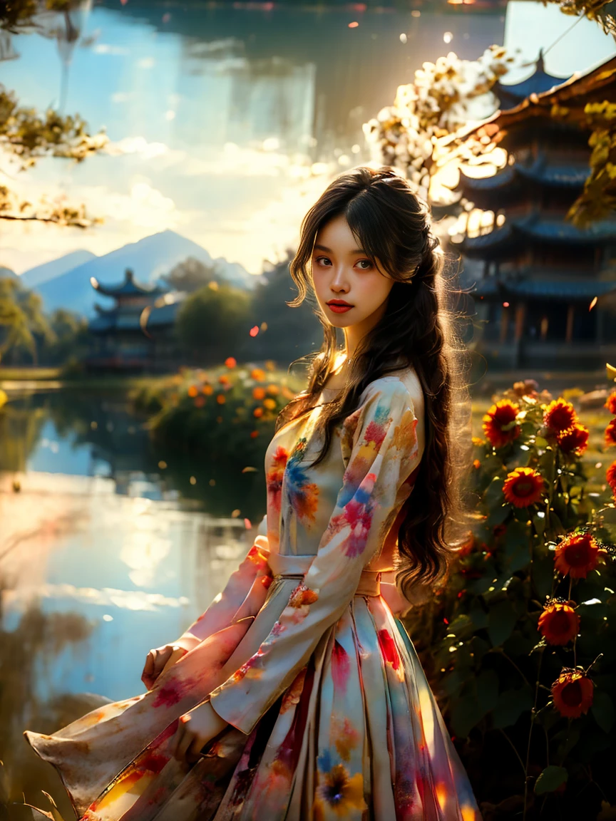 A beautiful，sweet，Watercolor painting of a kind Chinese country girl，Long black hair and warm brown skin，Wearing a simple red dress，Very beautiful eyes and face shape，Big watery eyes，Long eyelashes，Beautiful teeth，Slender legs，Perfect slender body，Standing in a sunflower field at sunset，Golden soft light，Beautiful village background，a river，A small bridge，Mountains in the distance，(Best picture quality，8k，high resolution，masterpiece:1.2)，Ultra Detailed，Ultra HD，Studio Lighting，Super Fine，Very detailed description，Main，Bright colors，Dutch Golden Age，Soft colors，Sunset lights，(Flowers Watercolor:1.5)，(Ultra high saturation，Bright colors鲜艳:1.5), (nsfw) ，(Looking at the audience:1.5)