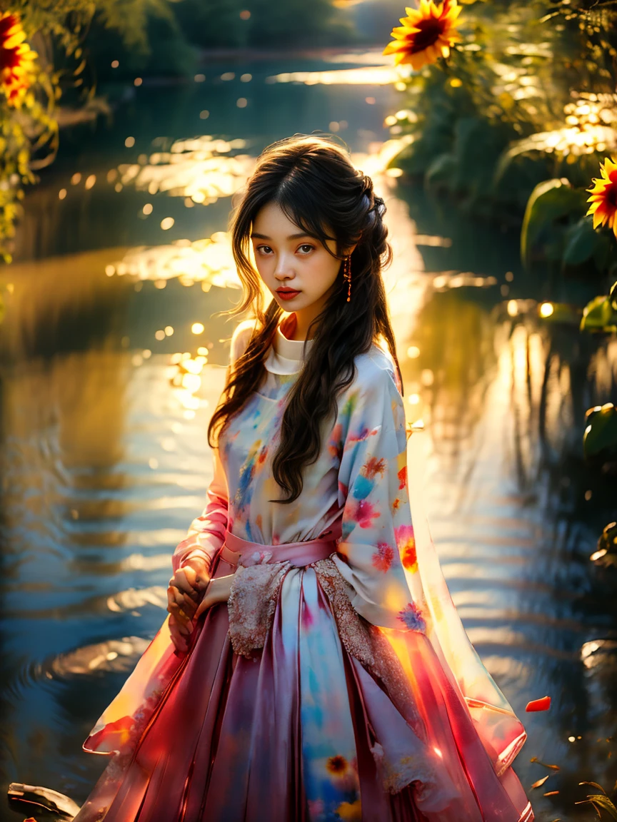 A beautiful，sweet，Watercolor painting of a kind Chinese country girl，Long black hair and warm brown skin，Wearing a simple red dress，Very beautiful eyes and face shape，Big watery eyes，Long eyelashes，Beautiful teeth，Slender legs，Perfect slender body，Standing in a sunflower field at sunset，Golden soft light，Beautiful village background，a river，A small bridge，Mountains in the distance，(Best picture quality，8k，high resolution，masterpiece:1.2)，Ultra Detailed，Ultra HD，Studio Lighting，Super Fine，Very detailed description，Main，Bright colors，Dutch Golden Age，Soft colors，Sunset lights，(Flowers Watercolor:1.5)，(Ultra high saturation，Bright colors鲜艳:1.5), (nsfw) ，(Looking at the audience:1.5)