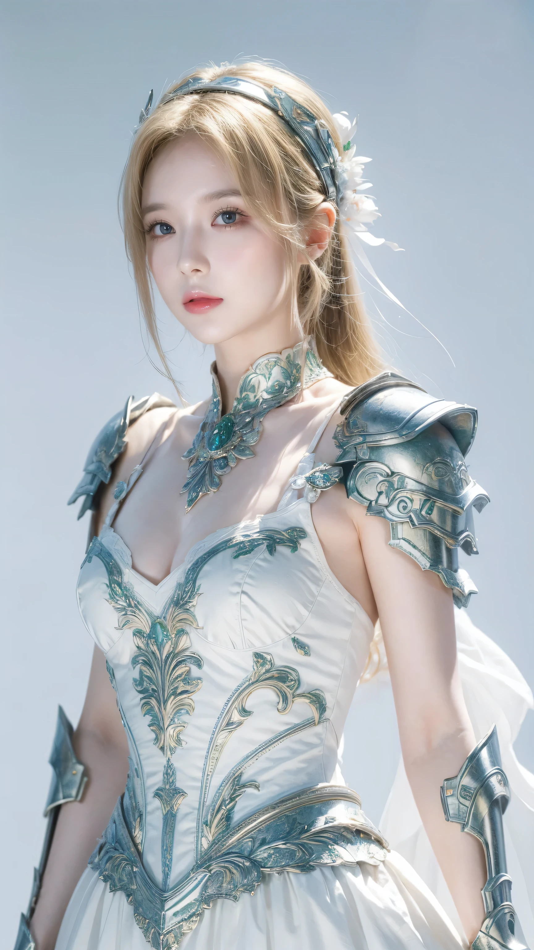 (masterpiece:1.2), (absurd), (Delicate face),(Delicate eyes), (best quality) (traditional media:1.2) , (White background), Upper Body, (Expressionless), Altria_Pendragon_(destiny), Know, armor, Blonde hair, gauntlet, Green Eyes, Headband, armored dress, Ahog, blue dress,