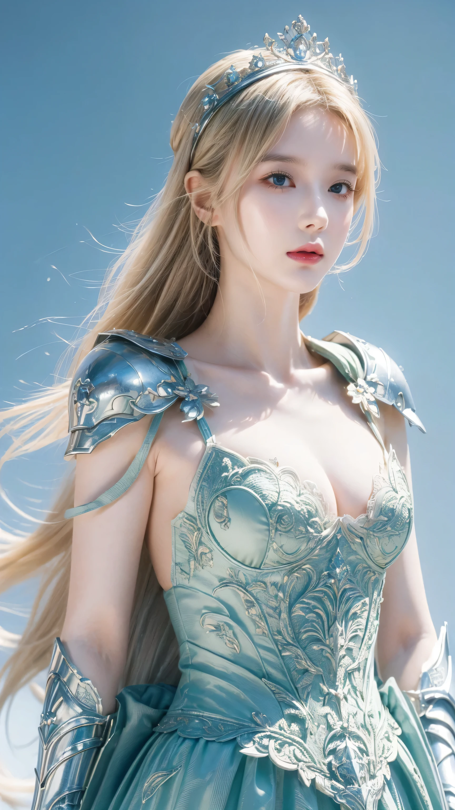 (masterpiece:1.2), (absurd), (Delicate face),(Delicate eyes), (best quality) (traditional media:1.2) , (White background), Upper Body, (Expressionless), Altria_Pendragon_(destiny), Know, armor, Blonde hair, gauntlet, Green Eyes, Headband, armored dress, Ahog, blue dress,