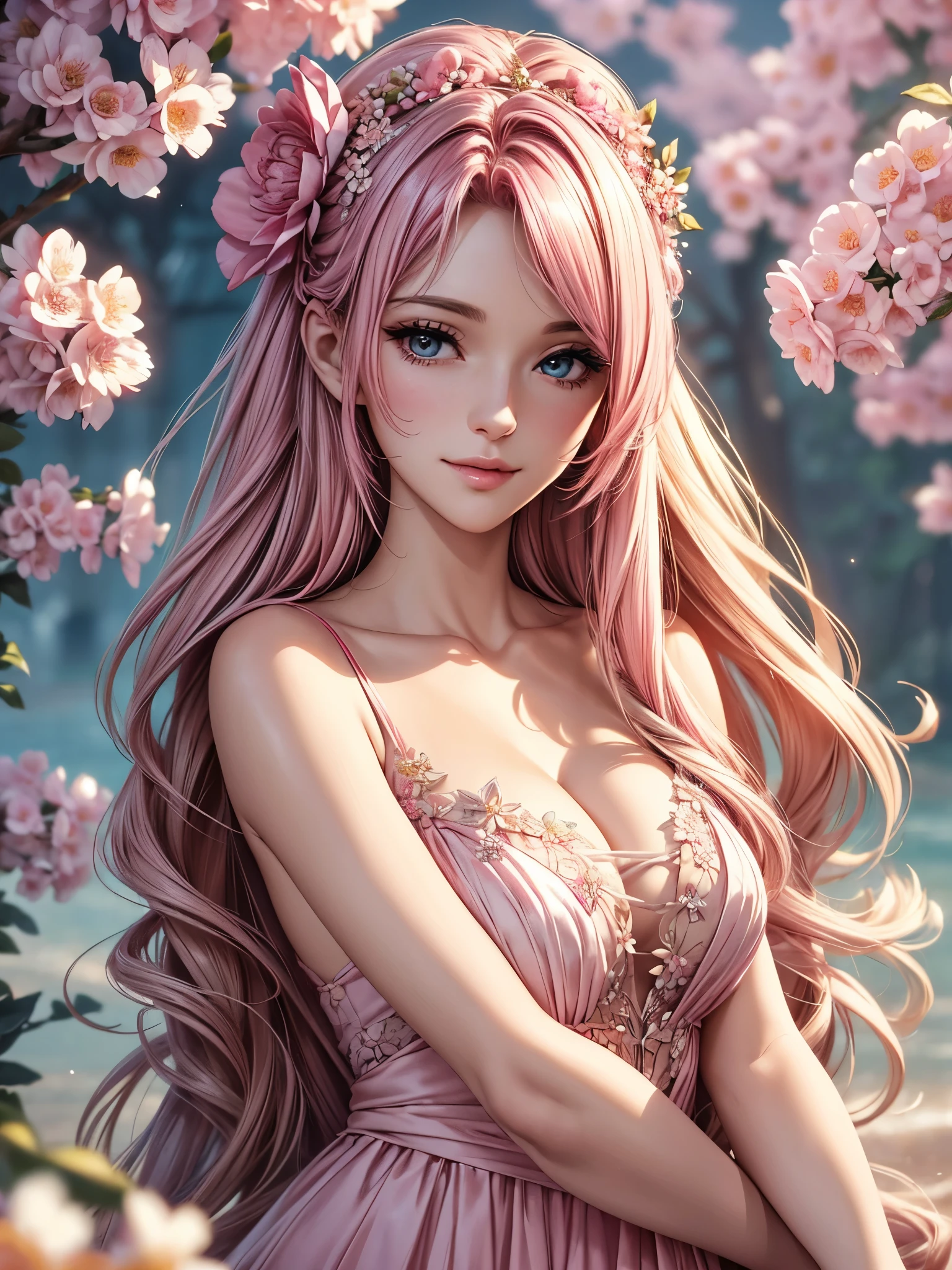 (best quality, 8K, masterpiece:1.2), Octane Render, pink fashion, elegant dress, pink long hair, beautiful woman, pretty eyes, gentle smile, flower hair ornament, surrounded by flowers