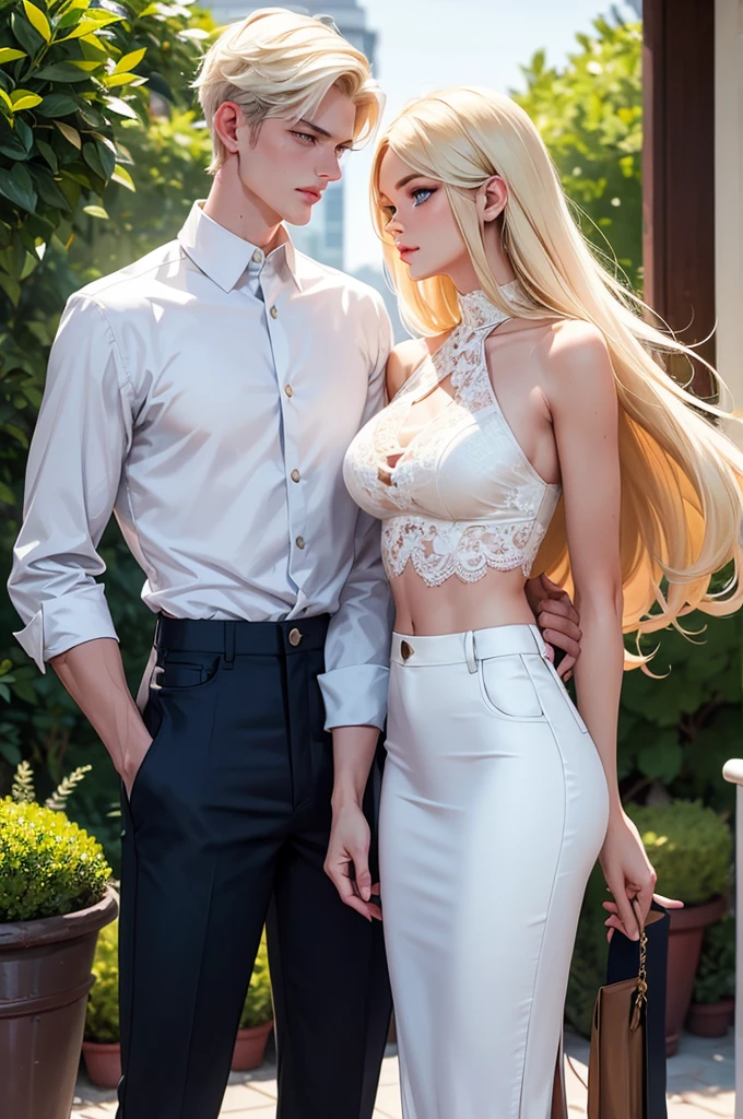 A tall, handsome, statuesque, masculine young man is platinum blonde, he has tanned skin, blue eyes, he is dressed in a white shirt, black trousers, he looks at an incredibly beautiful young femme fatale, a yellow-haired blonde in a denim midi skirt and a lace crop top. She has blue eyes. They are in love with each other. A tall, handsome, statuesque, masculine young man is platinum blonde, he has tanned skin, blue eyes, he is dressed in a white shirt, black trousers, he looks at an incredibly beautiful young femme fatale, a yellow-haired blonde in a denim midi skirt and a lace crop top. She has blue eyes. They are in love with each other.