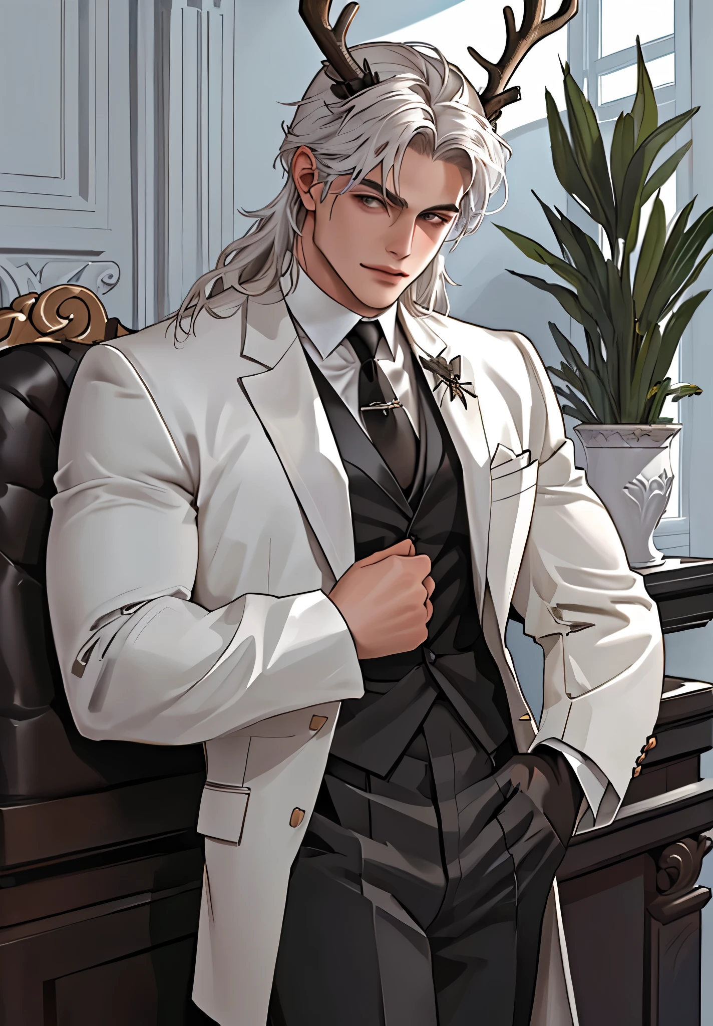 Close up, there is a young boy with deer horns that is standing at the castle, commission for high res, sfw version, anthropomorphic, highly detailed full body, (sfw) safe for work, strong and imposing, detailed full body, muscular character, extra detailed body, macho pose, body detailed, (looking at the viewer), long white hair, wearing butler outfit, huge crotch, butler, confident face, White gray eyes, deer horns, plants around, full of plants, Wearing a glasses.
