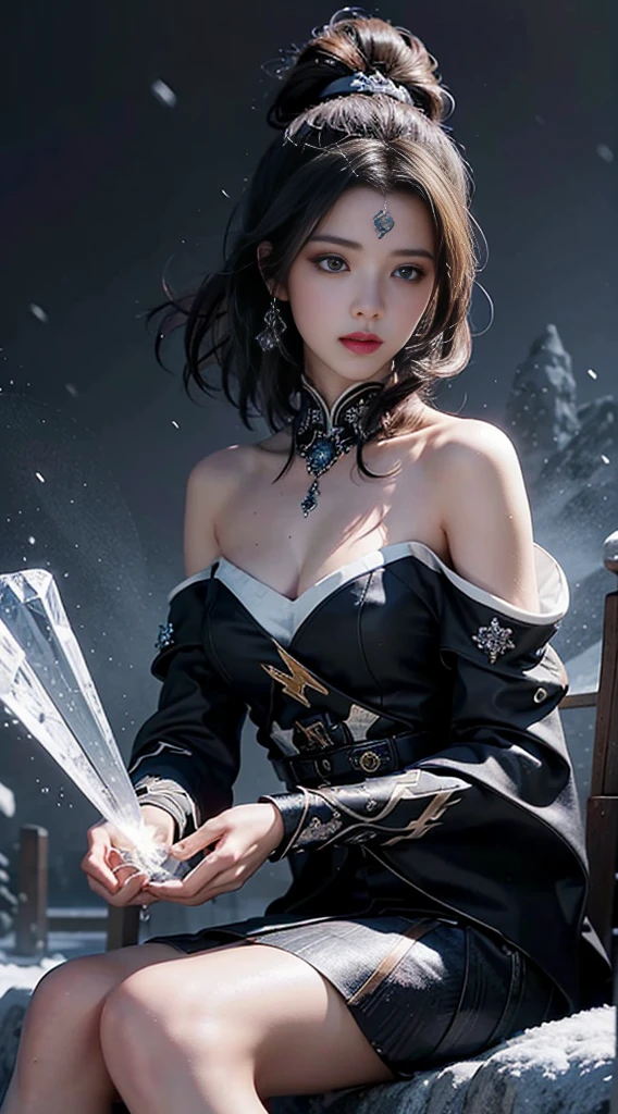 official art, Unity 8k wallpaper, a girl, most beautiful, medium breath, detailed fingers, crystallized clothes, color, black color, royal design, realistic detailed eye, dim lightning, snow falling, feeling romancing, sitting, whole body capture,