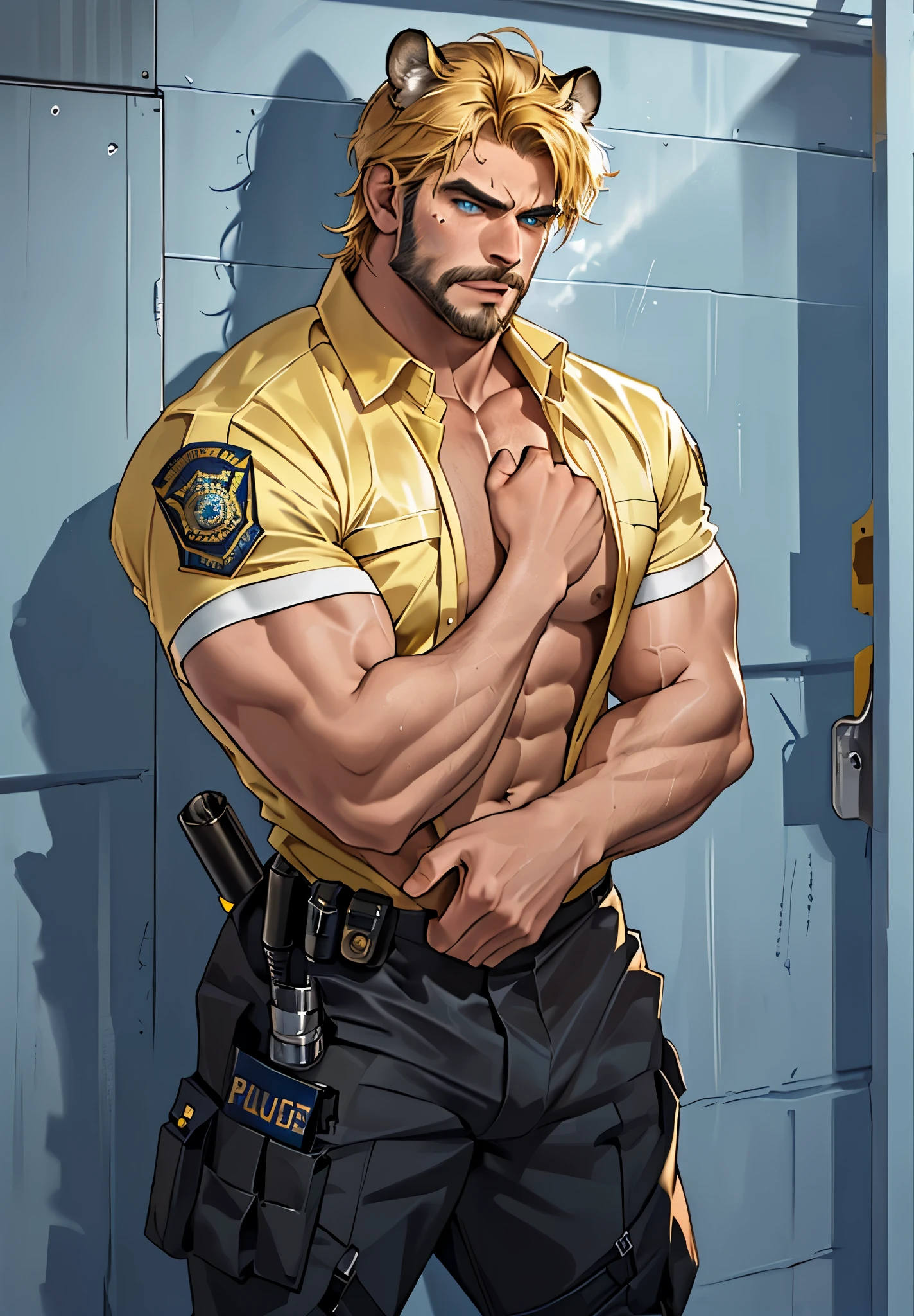 Close up, there is a man with Tiger ears that is standing at police station, commission for high res, sfw version, bare chest, anthropomorphic, muscular chest, highly detailed full body, (sfw) safe for work, strong and imposing, detailed full body, muscular character, extra detailed body, macho pose, body detailed, (looking form beside), wet body, sweaty, short yellow hair, yellow beard, Police uniform, many body hair, huge crotch, Police equipment, body hair, angry face, Blue eyes, police.