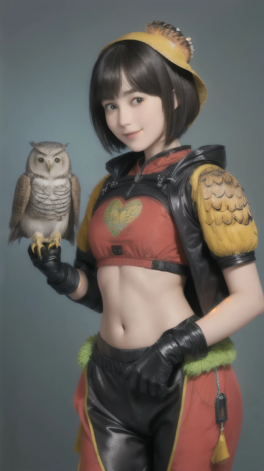 224 Short Hair, 20-year-old woman, A kind smile, (There are also colorful owls), (Rembrandt-style painting), ((machinery suit,Clothes with short sleeves)),I can see your abs