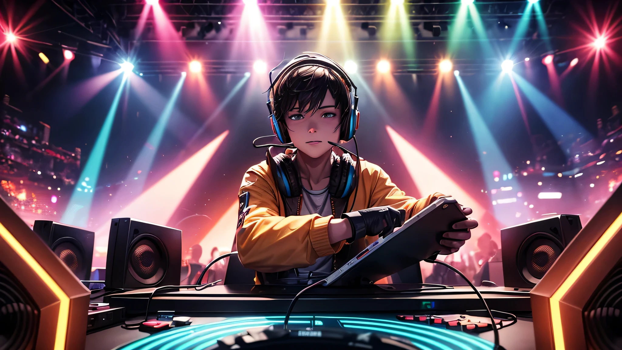 a man in headphones standing in front of a stage with lights, a picture by John La Gatta, shutterstock, digital art, headphones dj rave, wearing a gaming headset, electronic music, wearing gaming headset, music being played, dj at a , a person at a music festival, vibing to music, playing techno house music, gaming headset