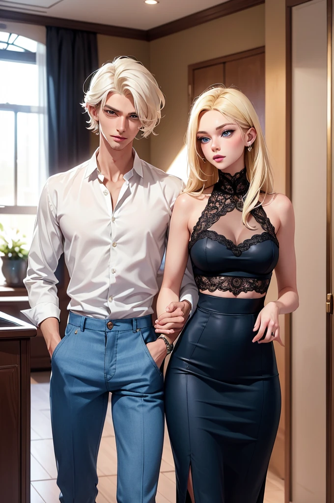 A tall, handsome, statuesque, masculine young man is platinum blonde, he has tanned skin, blue eyes, he is dressed in a white shirt, black trousers, he looks at an incredibly beautiful young femme fatale, a yellow-haired blonde in a denim midi skirt and a lace crop top. She has blue eyes. They are in love with each other. A tall, handsome, statuesque, masculine young man is platinum blonde, he has tanned skin, blue eyes, he is dressed in a white shirt, black trousers, he looks at an incredibly beautiful young femme fatale, a yellow-haired blonde in a denim midi skirt and a lace crop top. She has blue eyes. They are in love with each other.