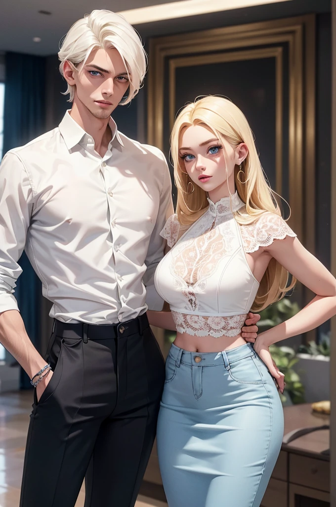 A tall, handsome, statuesque, masculine young man is platinum blonde, he has tanned skin, blue eyes, he is dressed in a white shirt, black trousers, he looks at an incredibly beautiful young femme fatale, a yellow-haired blonde in a denim midi skirt and a lace crop top. She has blue eyes. They are in love with each other. A tall, handsome, statuesque, masculine young man is platinum blonde, he has tanned skin, blue eyes, he is dressed in a white shirt, black trousers, he looks at an incredibly beautiful young femme fatale, a yellow-haired blonde in a denim midi skirt and a lace crop top. She has blue eyes. They are in love with each other.