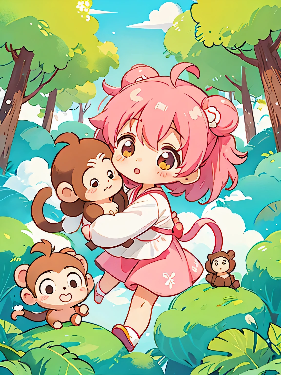 Momoko Sakura style, Kawaii Design, Chibi girl monkey, monkey Forest, Above the Clouds, Carrying you