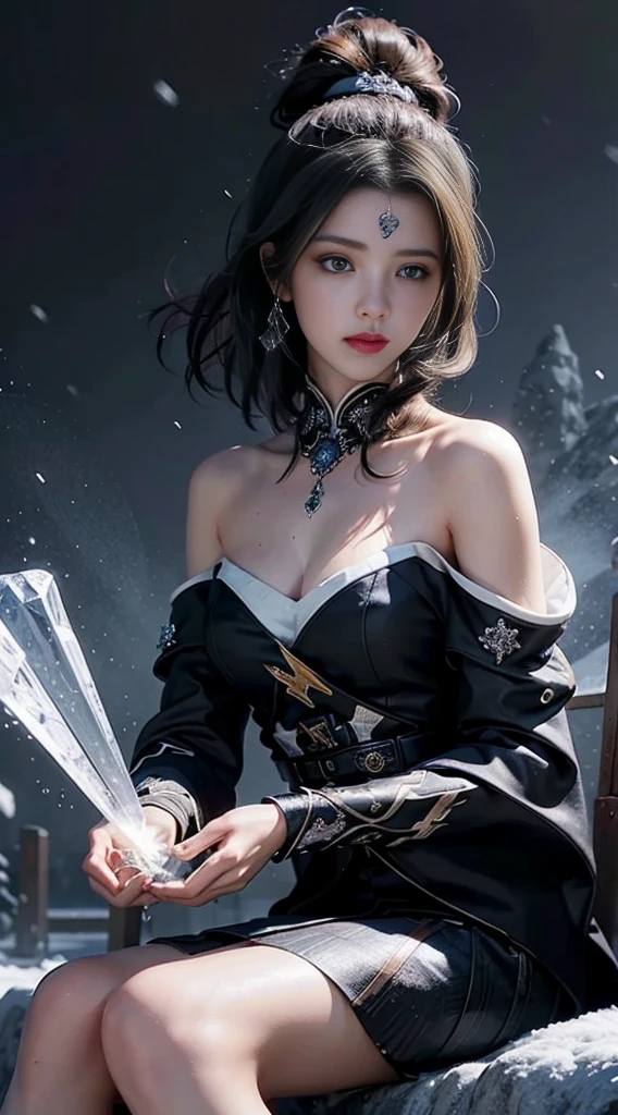 official art, Unity 8k wallpaper, a girl, most beautiful, medium breath, detailed fingers, crystallized clothes, color, black color, royal design, realistic detailed eye, dim lightning, snow falling, feeling romancing, sitting, whole body capture,