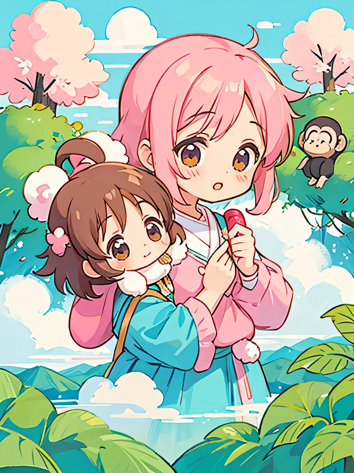 Momoko Sakura style, Kawaii Design, Chibi girl monkey, monkey Forest, Above the Clouds, Carrying you