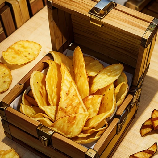 ((potato chips) and french fries and potato inside the (treasure chest)), abstract, 2d, illustration, yellow-brown tone,