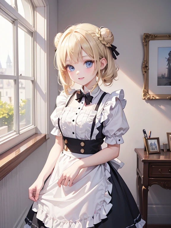 (8k, highest quality, Tabletop:1.2)、Ultra-high resolution, One 6-year-old girl, Perfect Fingers, Detailed face, blue eyes, Blonde, Bun Hair, Black maid outfit, Inside the castle, Standing on the windowsill