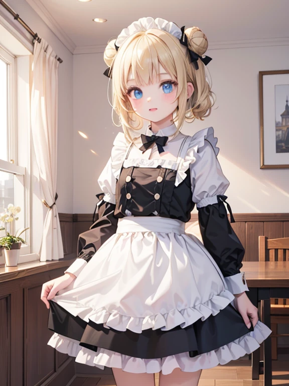 (8k, highest quality, Tabletop:1.2)、Ultra-high resolution, One ***************, Perfect Fingers, Detailed face, blue eyes, Blonde, Bun Hair, Black maid outfit,  Inside the castle, Standing on the windowsill