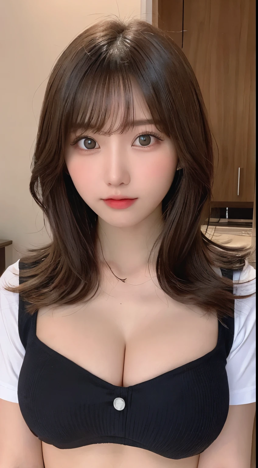 Tabletop, highest quality, One Girl, (beautiful girl:1.3), (18-year-old:1.3), Very good eye clarity, (Symmetrical eyes:1.3), (Police Costume:1.2), Beautiful breasts,Big Breasts，Big Breasts，Visible cracks， Brown eyes, Parted bangs, Brown Hair，Police uniform revealing cleavage，erotic，The finer details