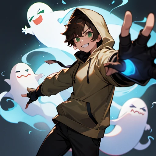 In the background there is an angry ghost, a surprised ghost, a sad ghost and a happy ghost,Green Eyes,Grin,Blue flame on the right hand,(Brown Fingerless Gloves,oversized white hoodie,Black Khaki Pants)