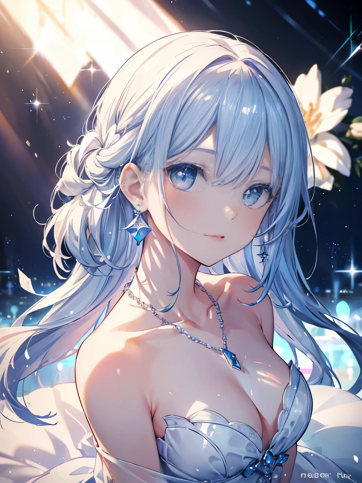 masterpiece, highest quality, figure, Sax Blue, Platinum Earrings, Platinum Necklace, White Dress, One girl, cute, (Dynamic Lighting:1.2), Cinema Lighting, Delicate facial features, Fine grain, Sharp pupils, Realistic students, Depth of written boundary, Bokeh, Sharp focus, (Ultra-detailed, bloom, Shine:1.4), Lots of little gems