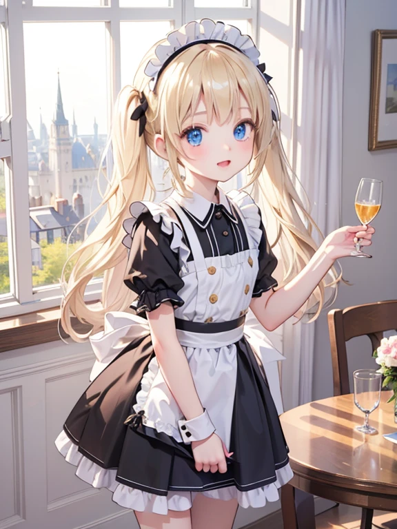 (8k, highest quality, Tabletop:1.2)、Ultra-high resolution, One , Perfect Fingers, Detailed face, blue eyes, Blonde, Twin tail hair, Black maid outfit, Inside the castle, Standing on the windowsill